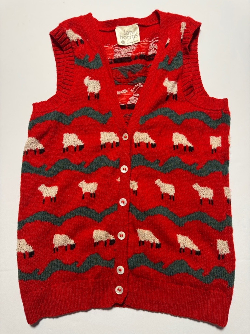 JAN HORRAX Vintage Pure New Wool‎ Red Sheep Knit Button-Up Vest Pearl Buttons M